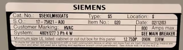 800 Amp. Siemens, S5E90LM800ARS, Panelboard 480Y/277 Volts 46 Cir NEMA 1 - Image 2