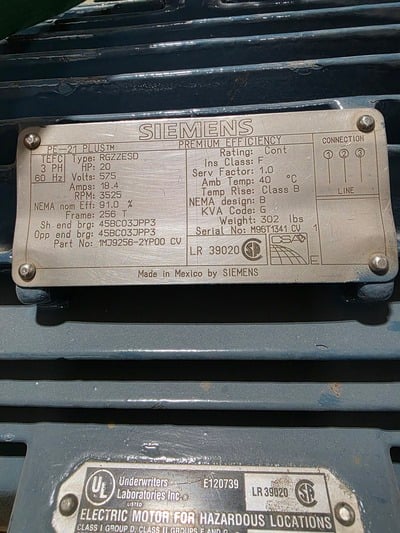 20 HP 3525 RPM Siemens #RGZZESD, squirrel cage motor, Frame 256T, 575 Volts, 20 amps, 3-phase, 60 Hz. - Image 3