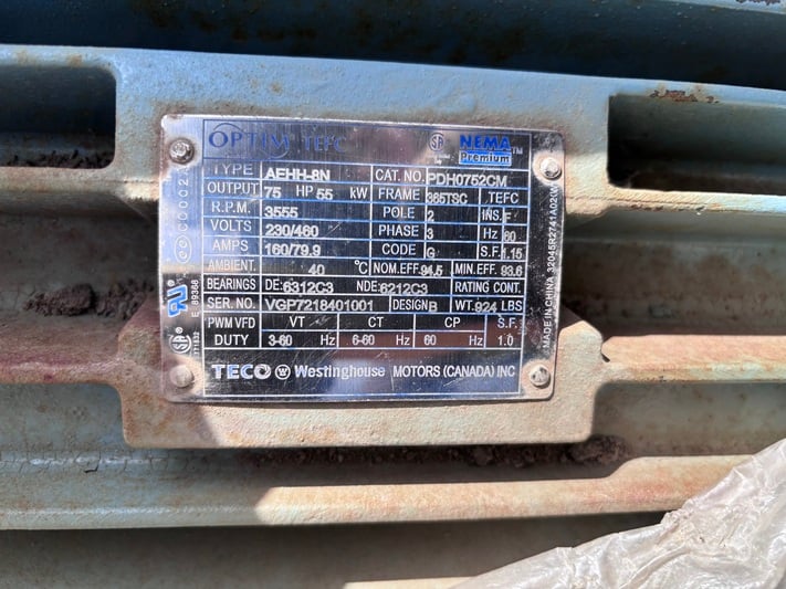 75 HP 3555 RPM Teco Westinghouse #PDH0752CM, squirrel cage motor, Frame 365TSC, 230/460 Volts, Class I Div. - Image 2