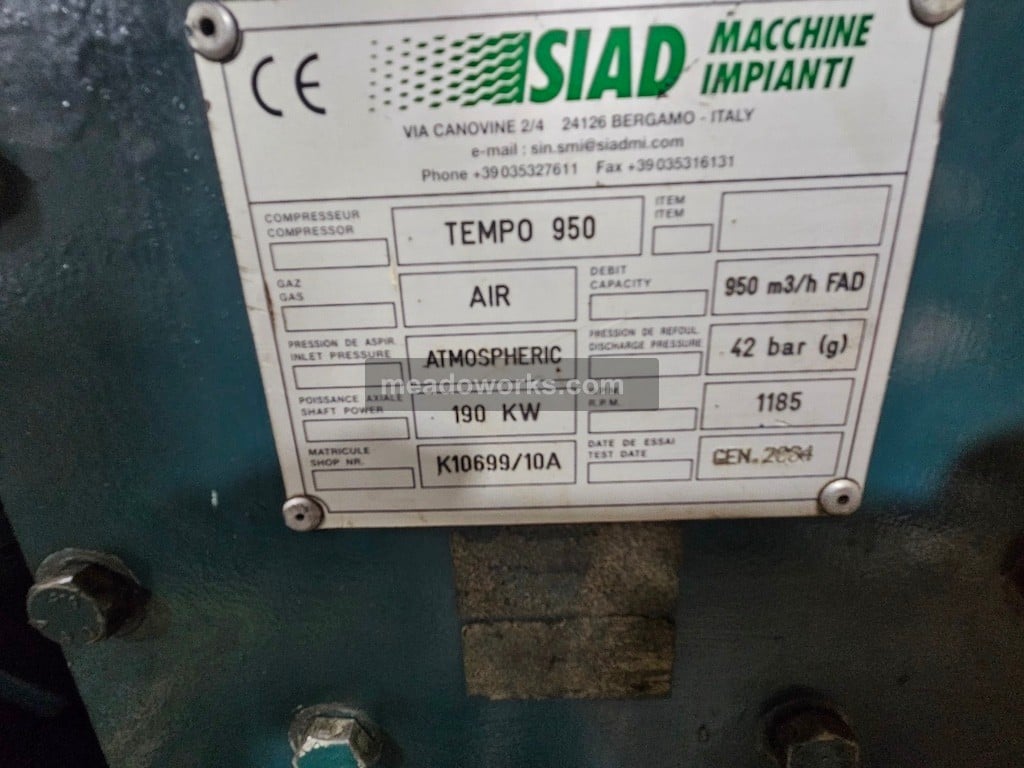 Siad #Tempo-950, High Pressure Air Compressor, 254 HP, 1185 RPM, 42 bar, 2004 - Image 5