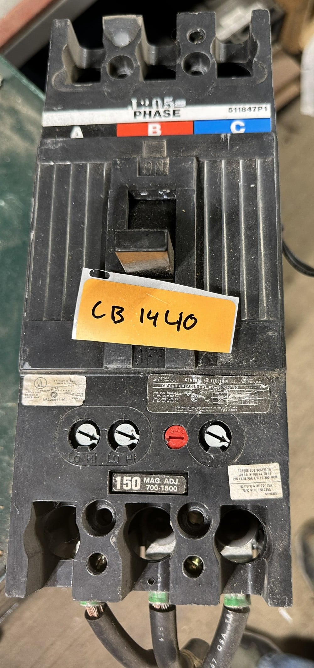General Electric, TYPE TFJ Series, Thermal-Magnetic Adjustable Trip, 3-Pole, 150A Frame, 600VAC/250VDC Max. - Image 3