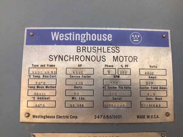 4500 HP 400 RPM Westinghouse, Frame HR 85, weather protected enclosure type 2, vertical, extra hi-thrust - Image 2