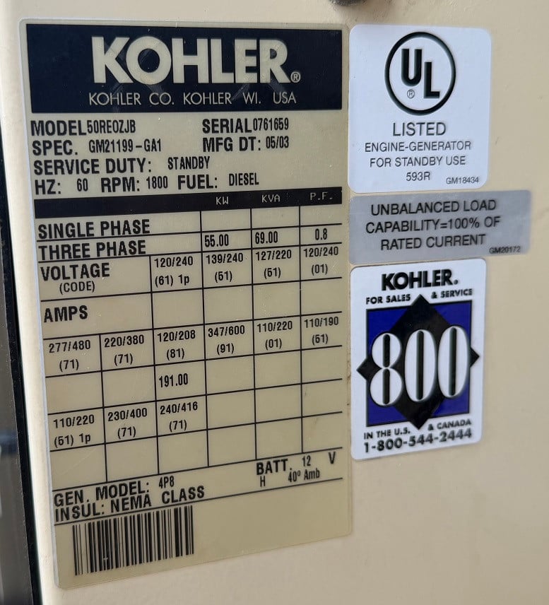 55 KW Kohler #50REOZJB, diesel generator set, 120/208 Volts, 3-phase, John Deere 4045TF150 engine - Image 6