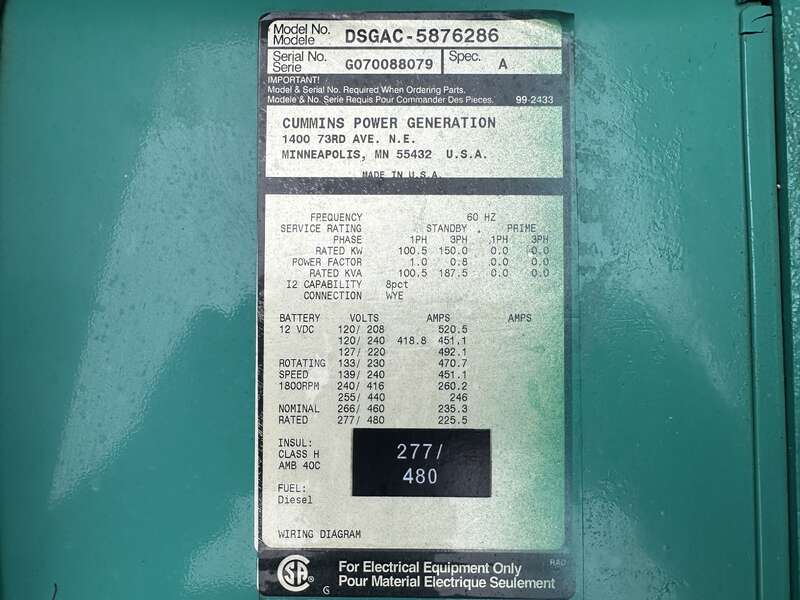 150 KW Cummins #DSGAC, diesel generator set, 277/480 Volts, 3-phase, 235 hours, 324 HP, QSB7-G5 NR3 engine - Image 10