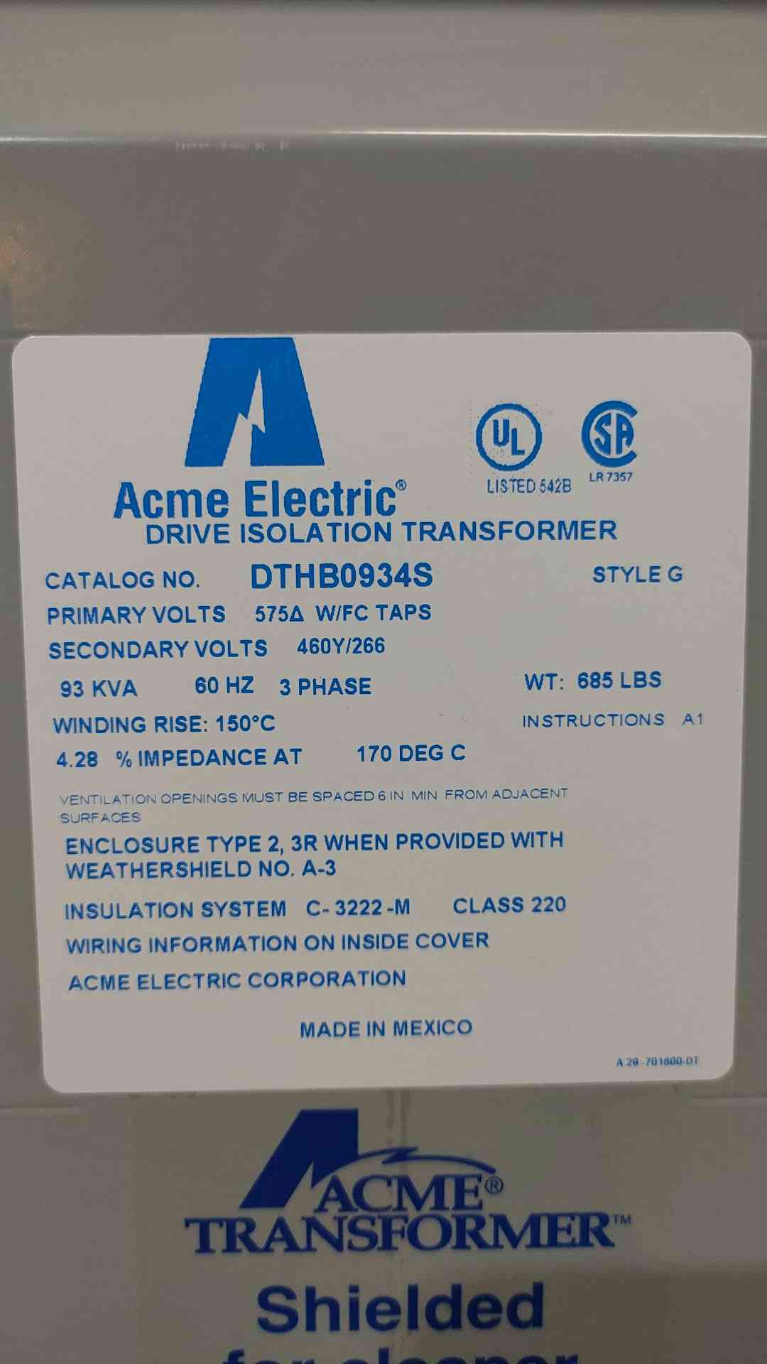93 KVA 575 Delta Primary, 460Y/266 Secondary, Acme #DTHB0934S, Drive Isolation Transformer, 3 Phase - Image 2