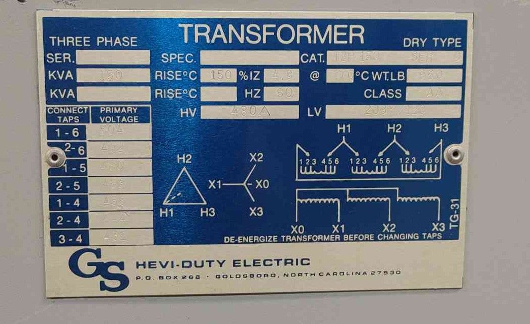 150 KVA 480 Delta Primary, 208Y/120 Secondary, Hevi-Duty #THP150, Dry Type Transformer, 3 Phase - Image 3