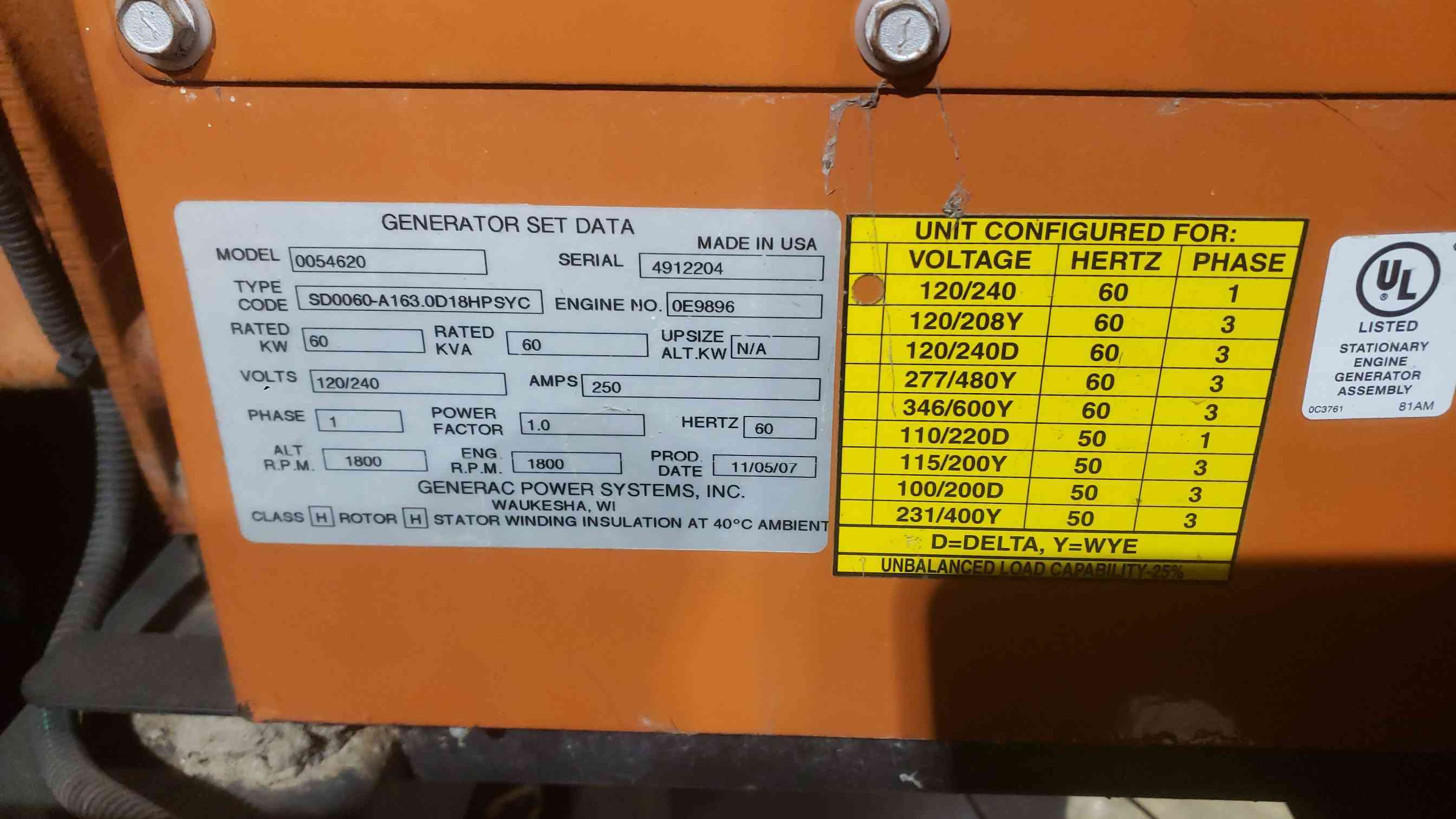 60 KW Generac #SD060, diesel generator set, John Deere engine, 120/240 Volts, 250 A, 1 phase, 42 hours, 2007 - Image 4