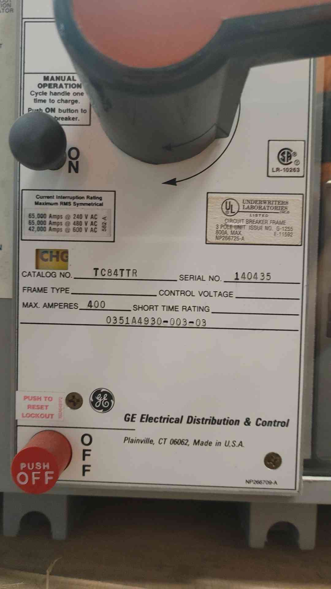 400 Amps, General Electric, TC84TTR, Power Break circuit breaker, 800 amp frame, drawout, MicroVersaTrip Plus - Image 2