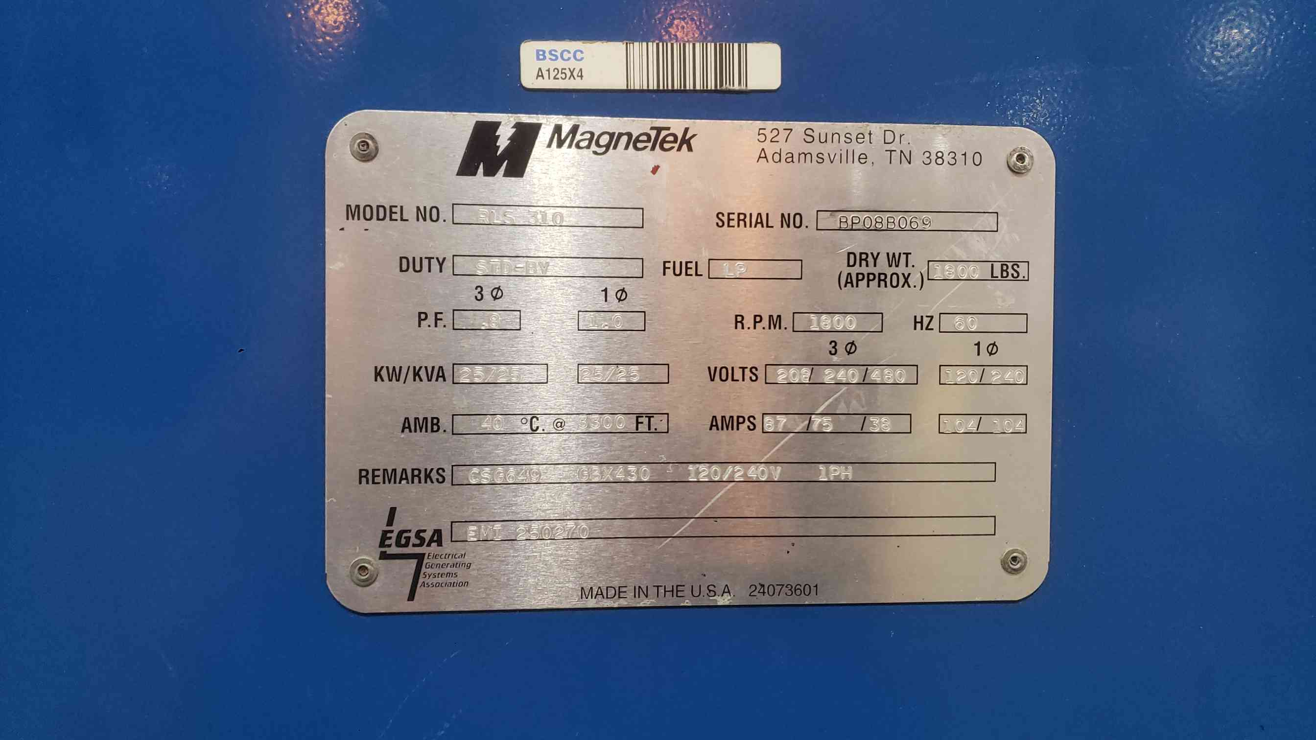 25 KW MagneTek #RLS-310, LP/NG generator set, 120/240 Volts, 104 A, AS IS - Image 2