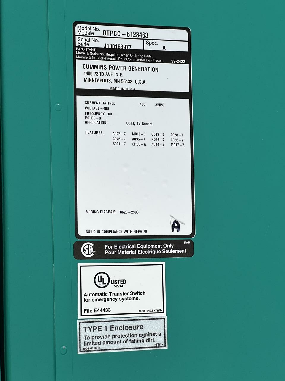 400 Amp. Cummins #OTPCC-6123463, automatic transfer switch, 480 Volts, 1/3 phase, 60 Hz., 3 poles, NEMA 1 - Image 8