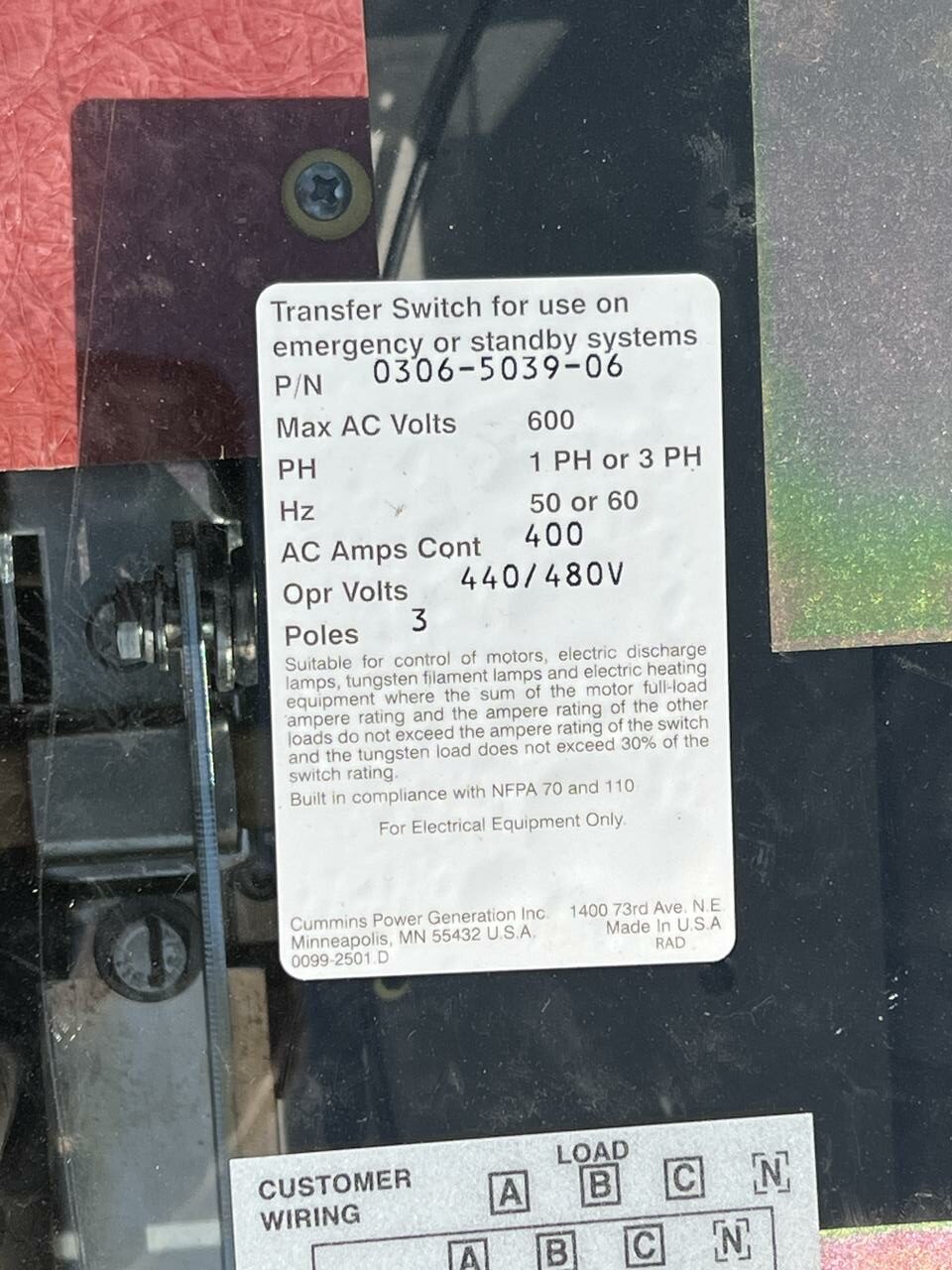400 Amp. Cummins #OTPCC-6123463, automatic transfer switch, 480 Volts, 1/3 phase, 60 Hz., 3 poles, NEMA 1 - Image 10