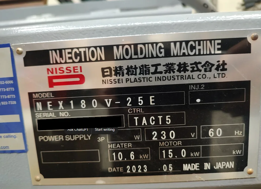 200 Ton, 5.5 oz., Nissei #NEX180IV-25E, Electric Injection Molding Machine, 20.1" max. mold height, 17.7" - Image 3