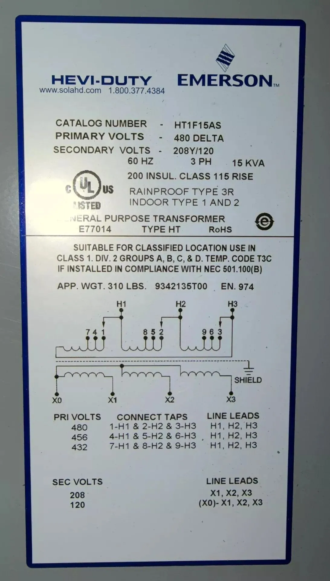 15 KVA 480 Primary, 208Y/120 Secondary, Emerson #HT1F15AS, dry type transformer, 3 Phase, NEMA 3R - Image 3