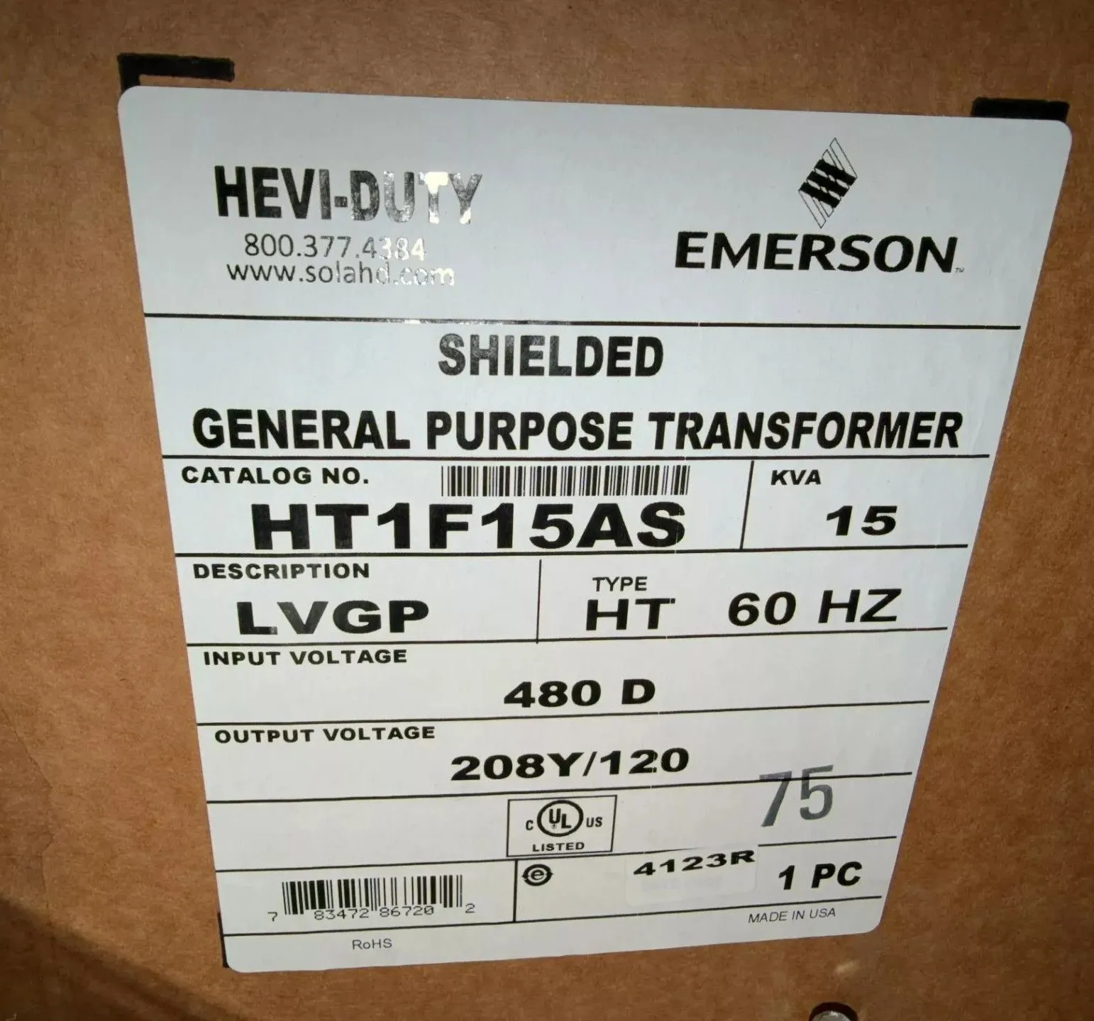 15 KVA 480 Primary, 208Y/120 Secondary, Emerson #HT1F15AS, dry type transformer, 3 Phase, NEMA 3R - Image 5