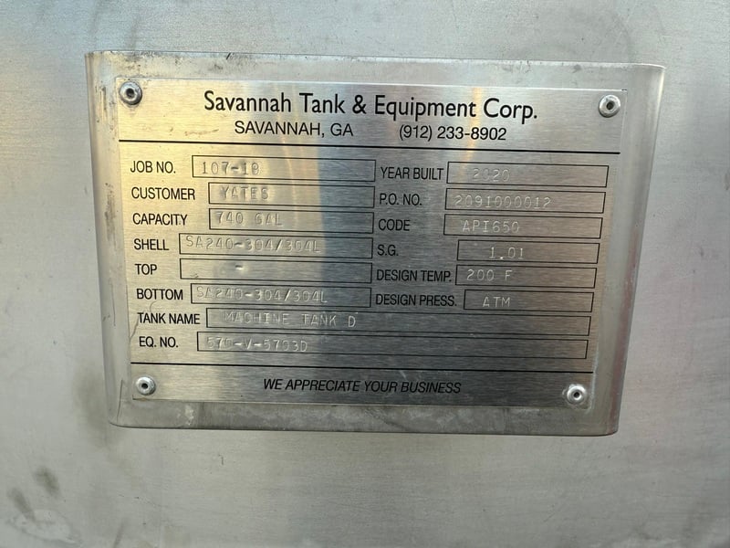740 gallon Savannah Tank & Equipment, Stainless Steel Tank, 96" tall x 48" diameter, 200°F design temp. - Image 3