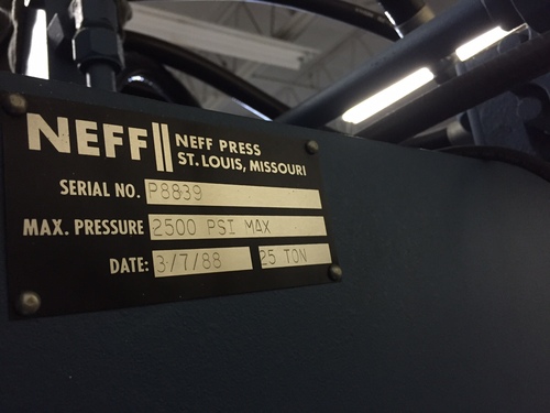 25 Ton, Neff, C-frame down-acting hydraulic press, 6" stroke, 12" daylight, 8" throat, 22.5" x 12.5" bed - Image 6