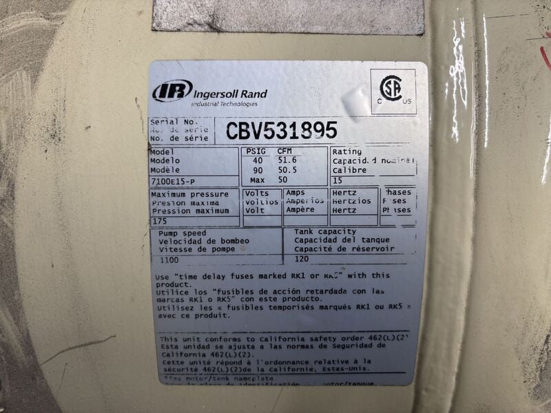51 cfm, 175 psi, Ingersoll-Rand #7100E15-P, 2-stage reciprocating horizontal air compressor, 15 HP - Image 9