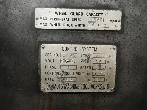 Okamoto #PRG-6, vertical rotary surface grinder, 24" chuck, 1984 - Image 6