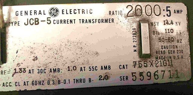 General Electric, 755X21G11, Current Transformer, 14.4 KV, 2000:5 ratio, Type JCB-5, 50-60 Hz., (6 available) - Image 2