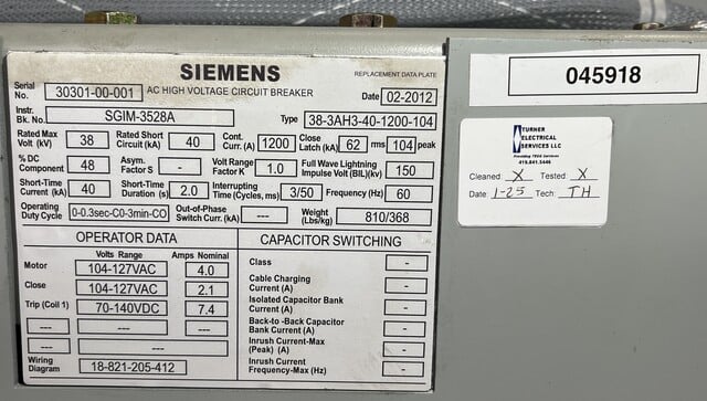 1200 Amps, Siemens, 38-3AH3-40-1200-104, Vacuum Circuit Breaker, 38,000 Volts, 2012, (4 available) - Image 3