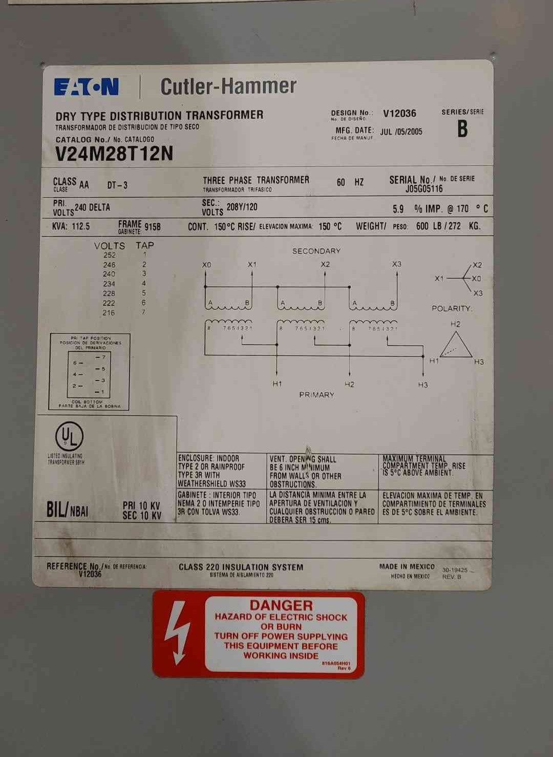 112.5 KVA 240 Delta Primary, 208Y/120 Secondary, Cutler-Hammer #V24M28T12N, Transformer - Image 2