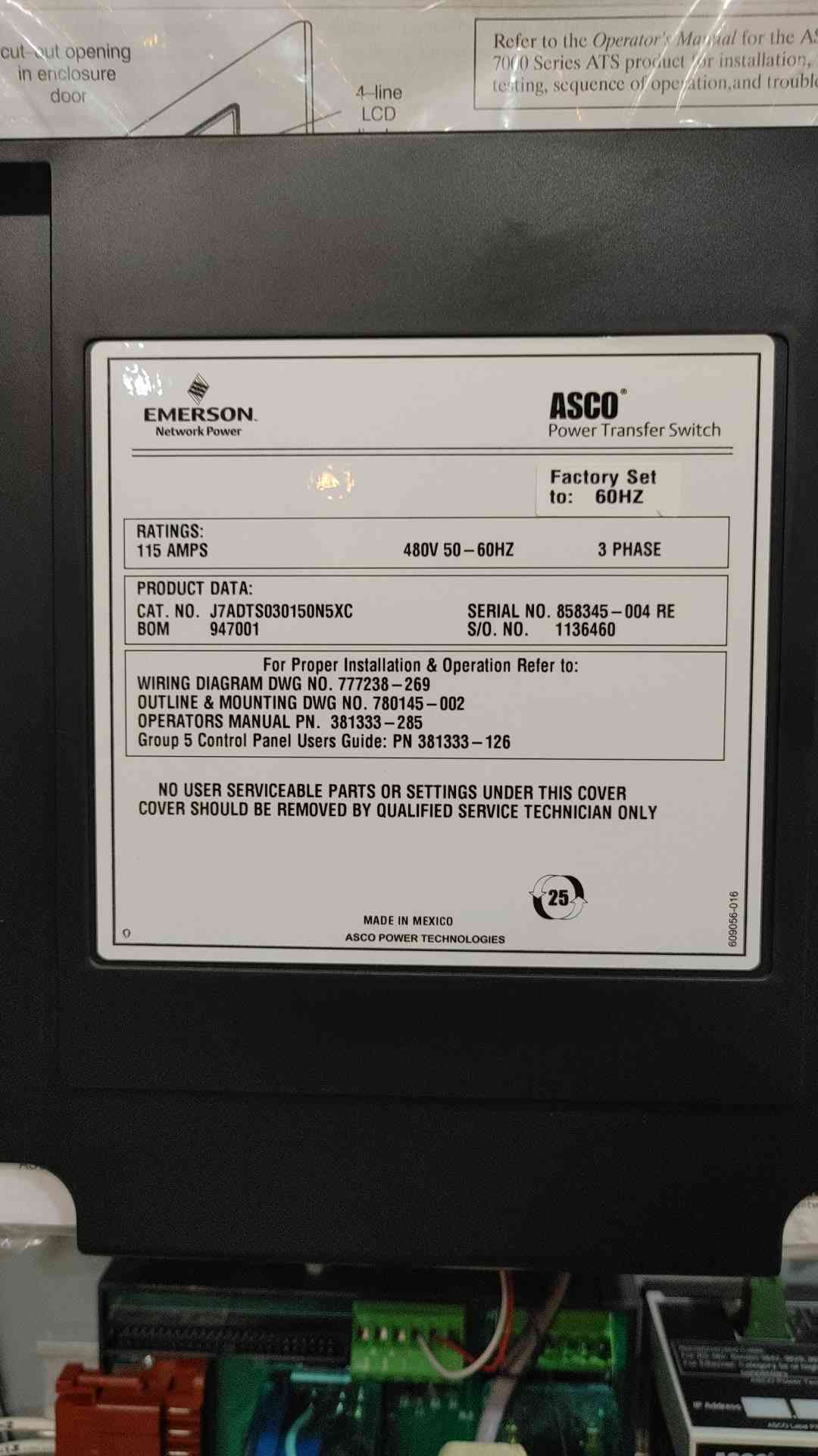 115 Amp. ASCO 7000 Series #J7ADTS030150N5XC, Automatic Transfer Switch, 480 Volts, 3 Phase (3 available) - Image 7