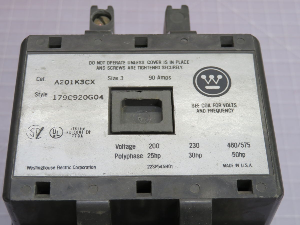 90 Amp, Westinghouse #A201K3CX, Contactor, 3 Pole, NEMA Size 3, 480 Volts 60 Hz. Coil - Image 3