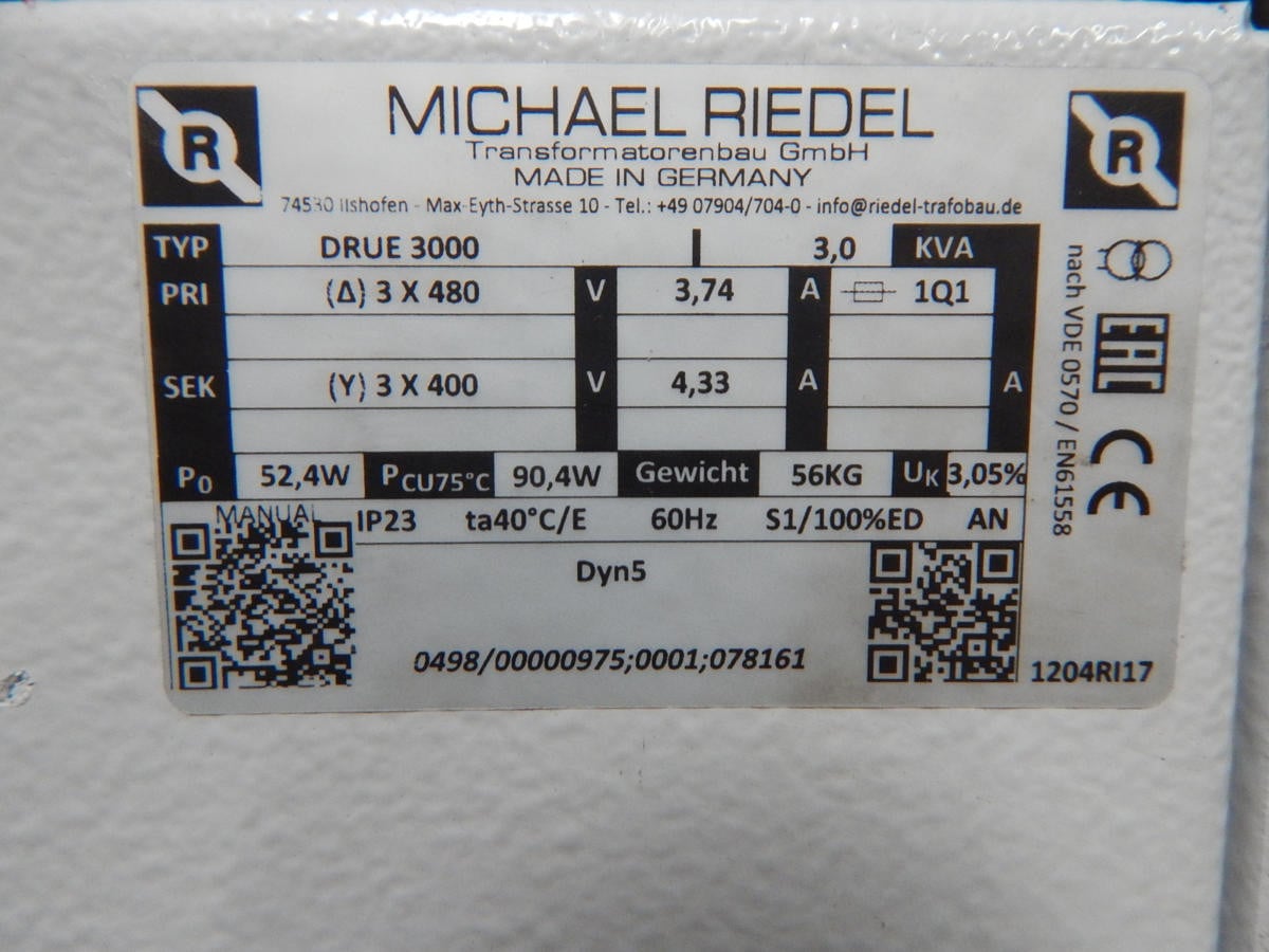 3 KVA 460 Primary, 230 Secondary, Michael Riedel #DRUE-3000, Transformer, 3 Phase - Image 5