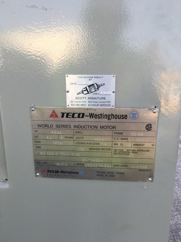 4500 HP 1789 RPM Teco Westinghouse, weather protected enclosure type 1, SB, rebuilt ready to go, 4160 Volts - Image 2