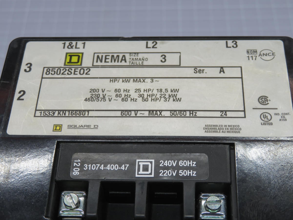 90 Amp, Square D #8502SE02, NEMA Size 3 Contactor, 3 Pole, 24 Volts AC Coil - Image 4