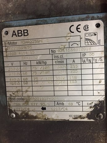 100 HP 3570 RPM ABB, Frame B3, TEFC, 225/113 amps, 230/460 Volts - Image 2