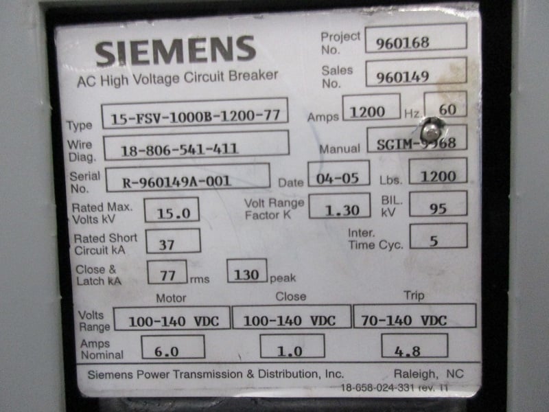 1200 Amps, Siemens, 15-FSV-1000B-77, 100-140 VDC Motor Vacuum Retrofit - Image 2