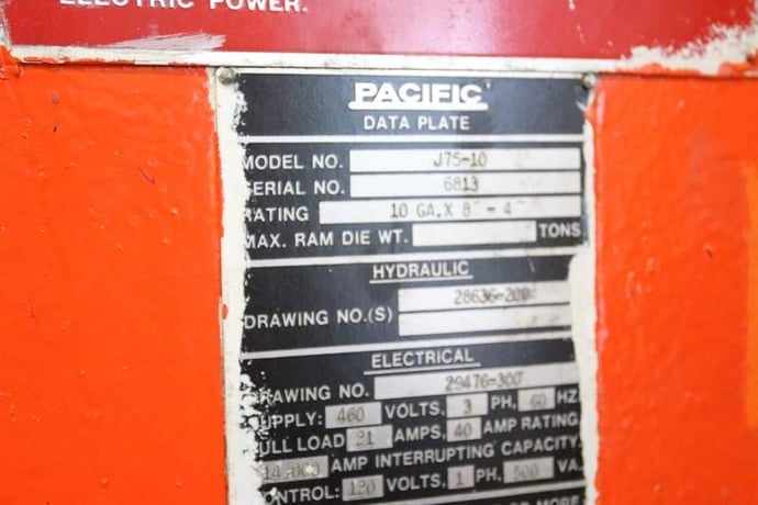 75 Ton, Pacific, 10' overall, 7" stroke, 13" open height, 15 HP, s/n #6813, #68381 - Image 10