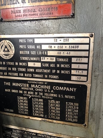 250 Ton, Minster #E2-250, 1.5" stroke, 18" Shut Height, 125-250 SPM, air clutch & brake - Image 7