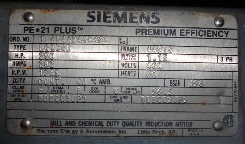 250 HP 1785 RPM Siemens, Frame 449TS, 1.15 service factor, 460 Volts - Image 5