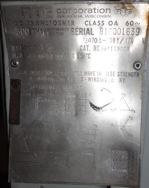 300 KVA 12470 Delta Primary, 208Y/120 Secondary, RTE, 9BA10500B, class OA - Image 5