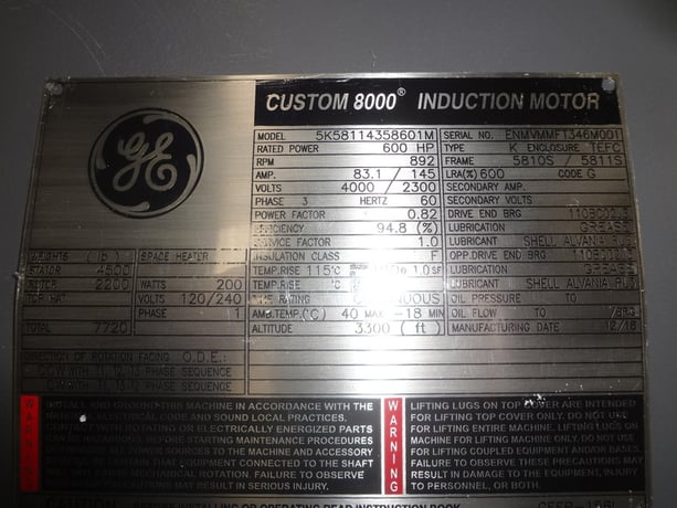 600 HP 900 RPM General Electric, Frame 5809S/5810S, BBTEFC, New, 2300/4000 Volts - Image 1