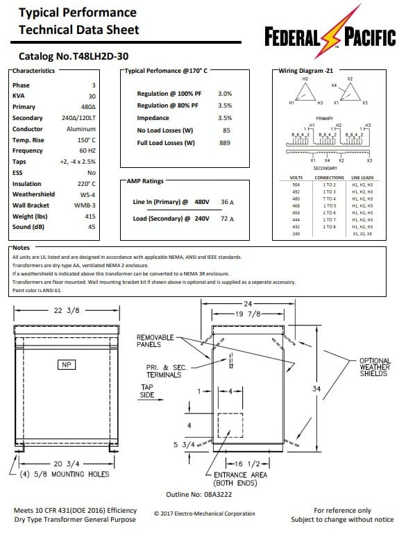 30 KVA 480 Delta Primary, 240/120 Secondary, Federal Pacific, Step-Down Transformer, 302°F max. temp. rise - Image 2