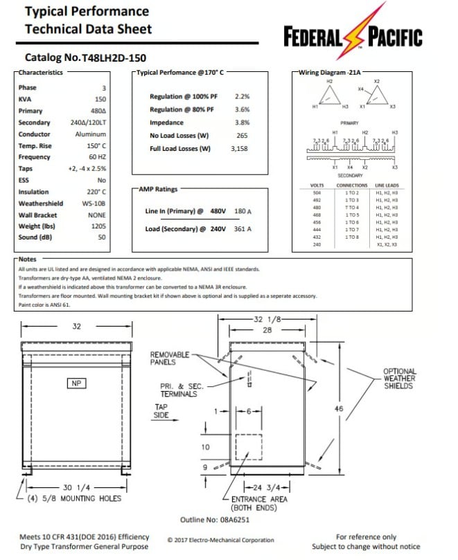 150 KVA 480 Delta Primary, 240/120 Secondary, Federal Pacific, Step-Down Transformer, 302°F max. temp. rise - Image 2