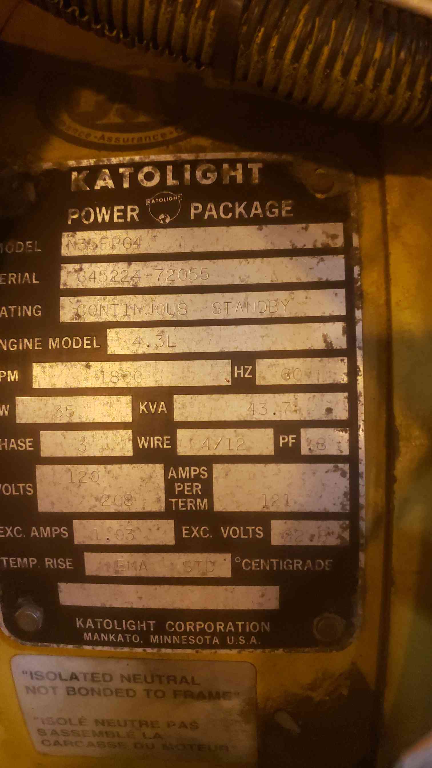 35 KW Kato light #N35FPG4, NG/LP generator set, 120/208 Volts, 1 & 3 phase, 43.75 KVA, 4.3L engine, 163 hours - Image 6