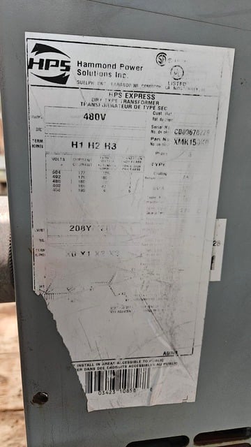 150 KVA 480 Primary, 208Y/120 Secondary, Hammond #XMK150KB, Dry Type Auto-Transformer, 3PH - Image 3