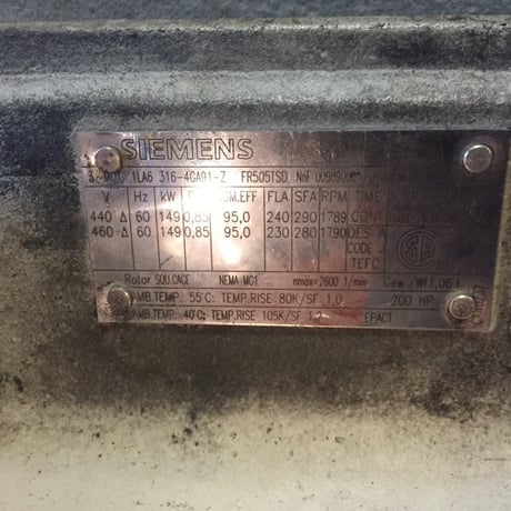 200 HP 1790 RPM Siemens, Frame 505TSD, TEFC, 230 amps, 460 Volts (3 available) - Image 1