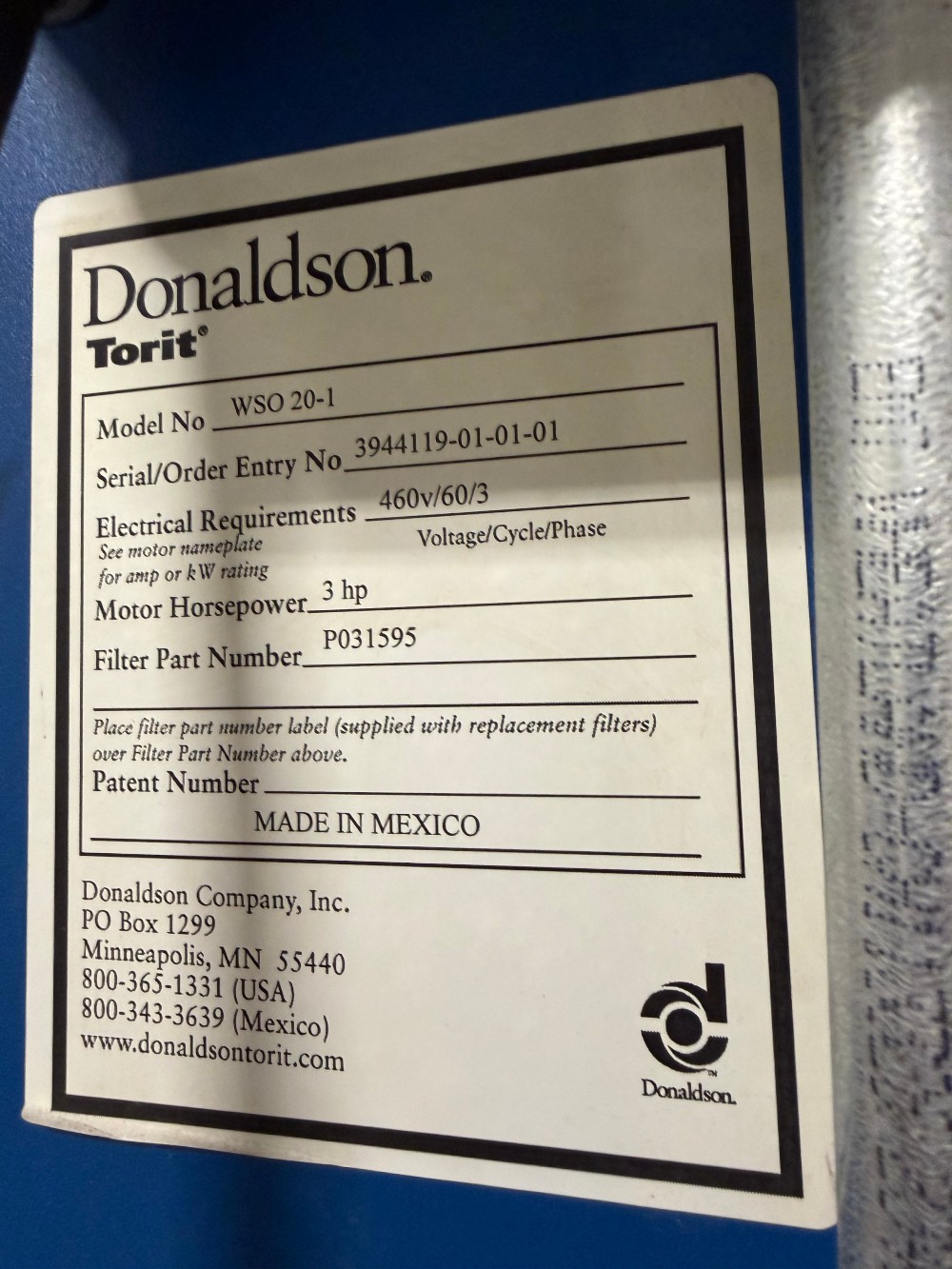 1200 cfm Donaldson Toirt #WSO-20, mist collector, 3 HP - Image 3