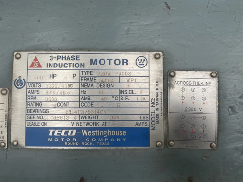 400 HP 3565 RPM Teco Westinghouse, electric motor, 2300/4160 Volts - Image 7