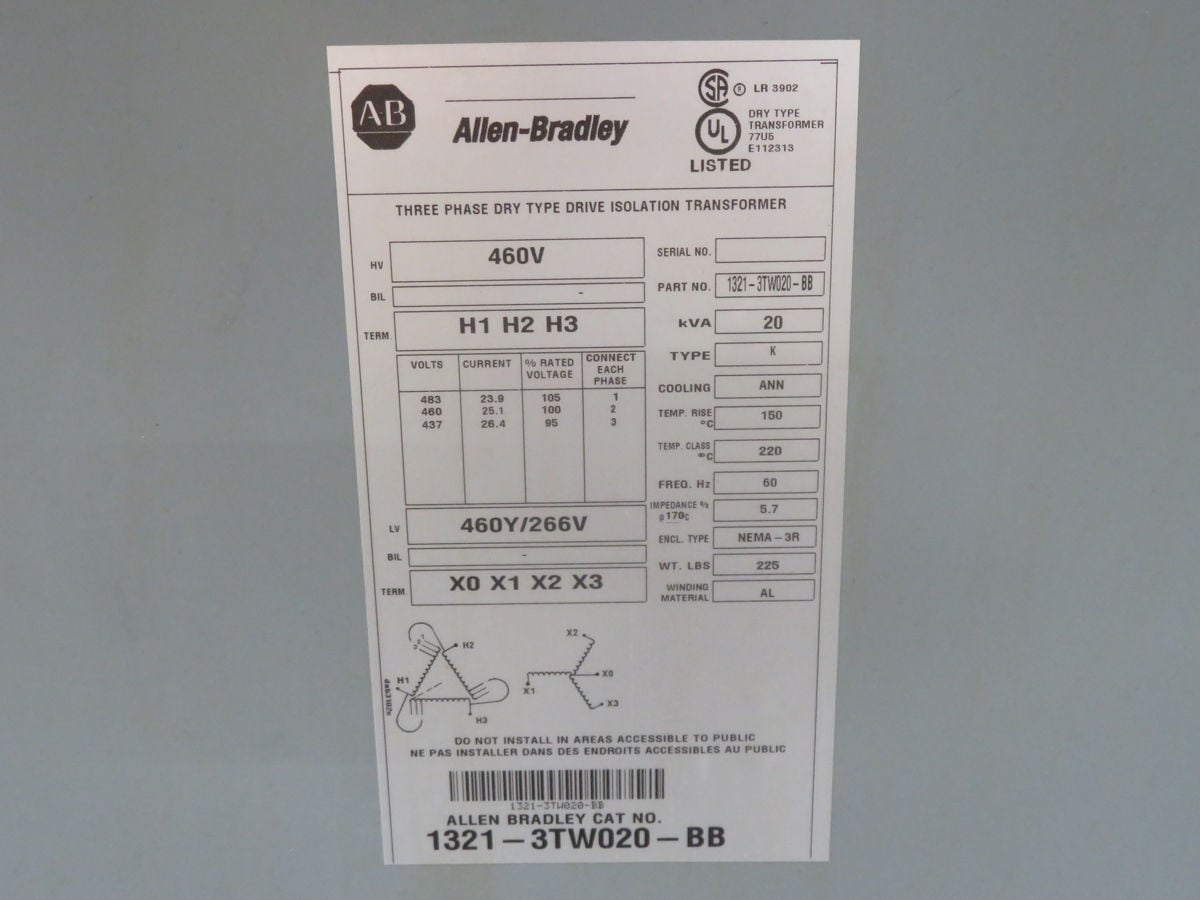 20 KVA 460 Primary, 460Y/266 Secondary, Allen-Bradley #1321-3TW020-BB, Dry Type Drive Isolation Transformer - Image 4