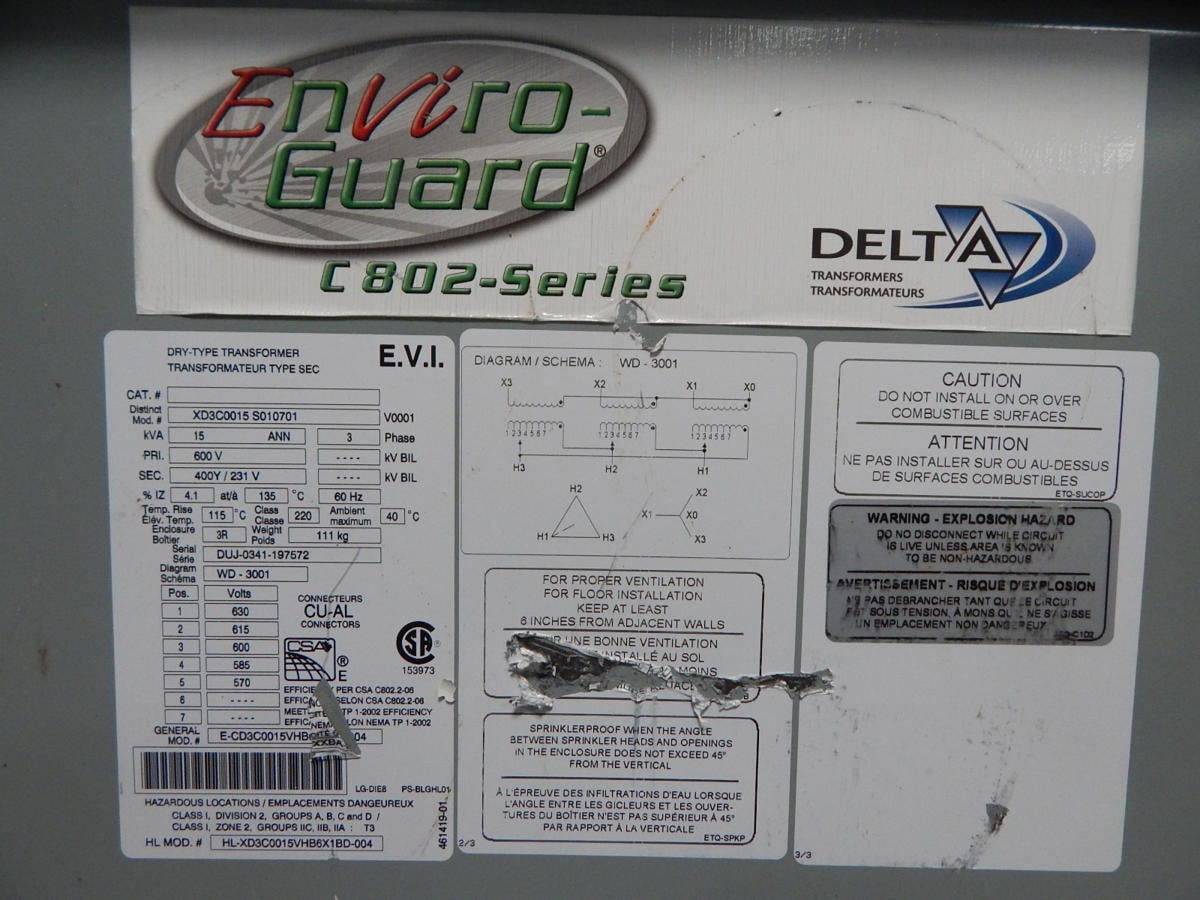 15 KVA 600 Primary, 400Y/231 Secondary, Delta Transformers #XD3C0015, Enviro-Guard Dry Type Transformer, 60 - Image 3