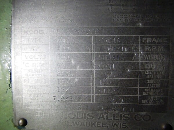 100 HP 1200 RPM Louis Allis, Frame 504A, DPFVBB, 500 VA, 150 VF - Image 1