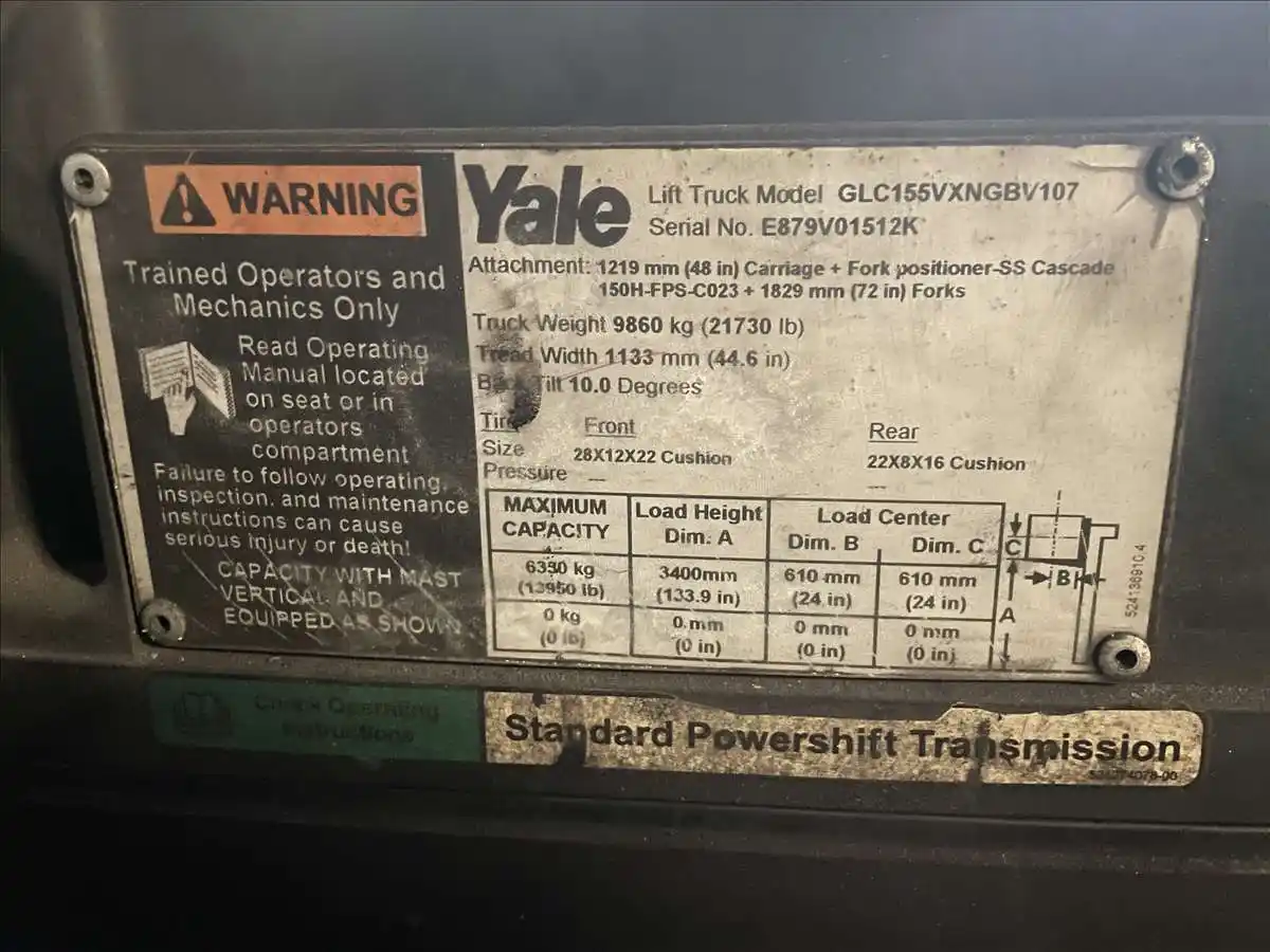 15500 lb. Yale #GLC155VXNGBV107, LPG forklift, 107" lift height, 72" fork length, 2012 - Image 3