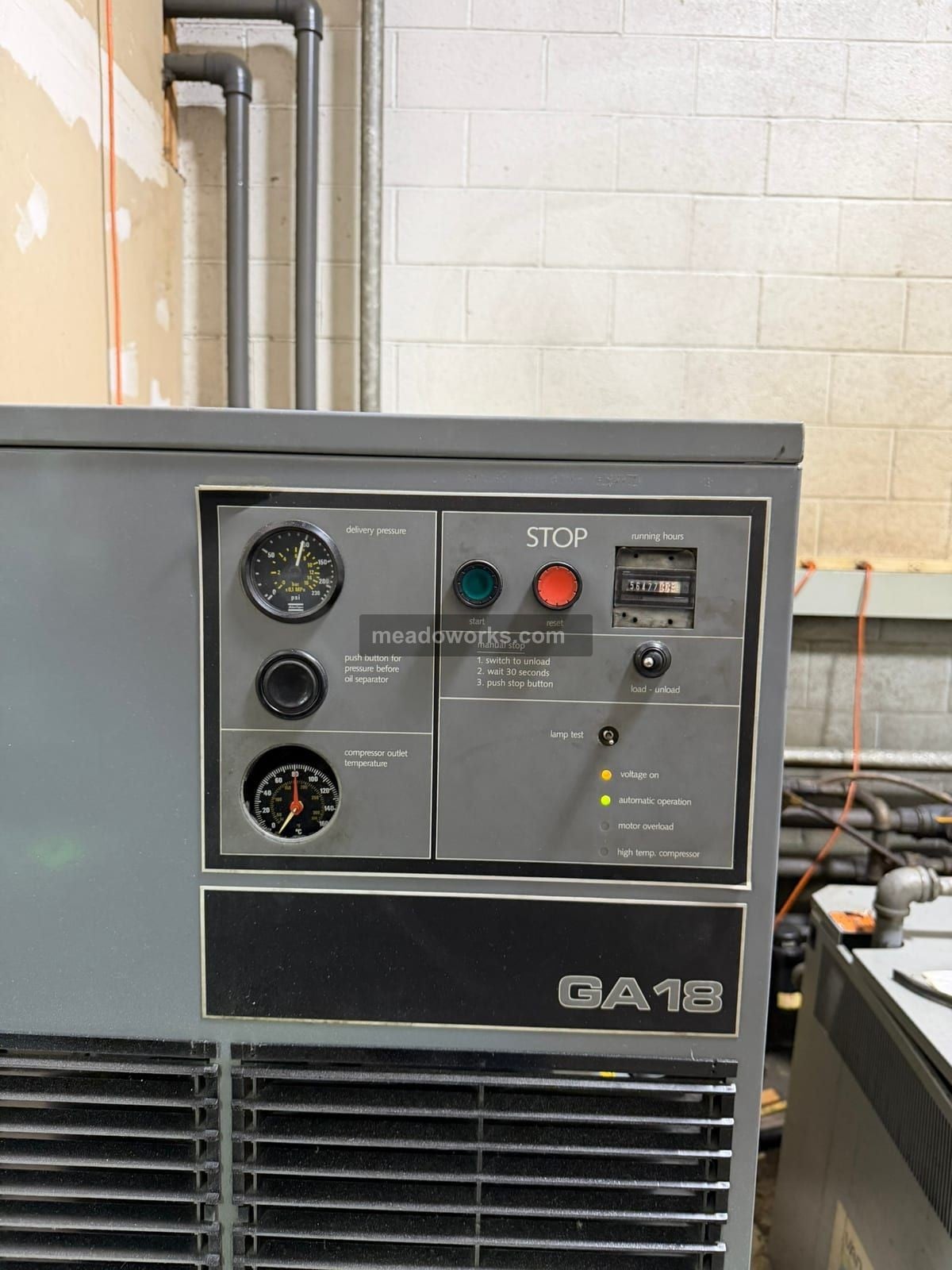 122 cfm, Atlas Copco #GA18, Tank Mounted Rotary Screw Air Compressor, 25 HP, 230/460 V., 56,477 hours - Image 5