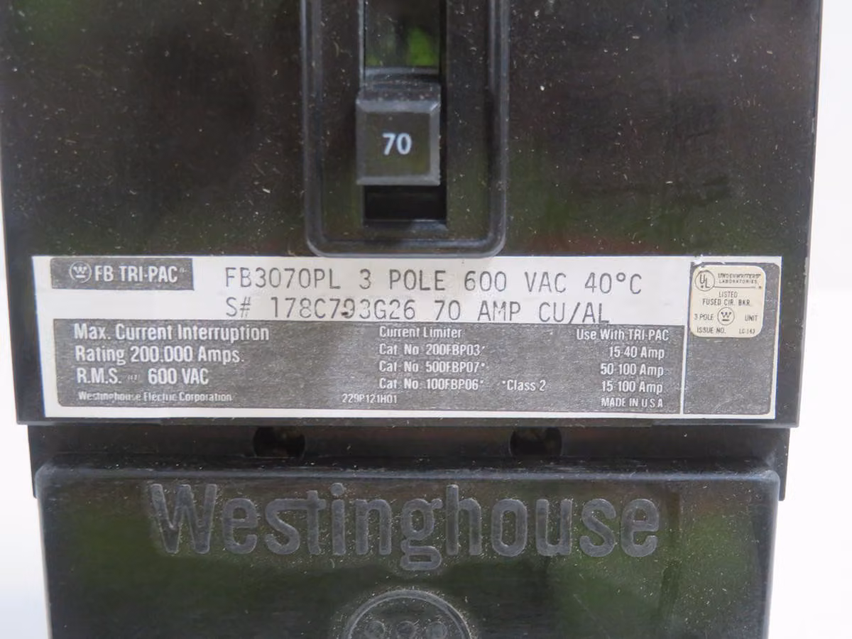 70 Amp, Westinghouse #FB3070PL, Circuit Breaker, 3 Pole, 600 Volts, 14KA IC - Image 5
